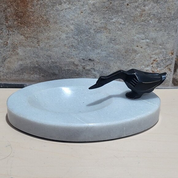 Decorative Marble Soap Dish Jewelry Holder Black Metal Bird Figure - Picture 1 of 11